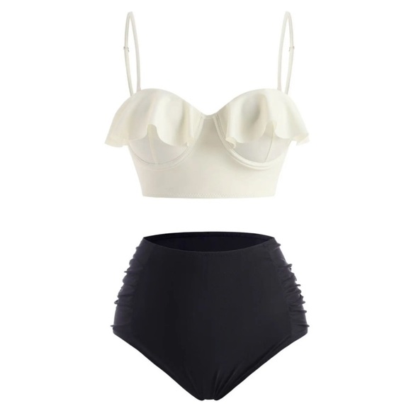 Retro ✦ Push-Up Ruffled Tankini Set ✦ Black & Ivory Sweetheart Top High-Waisted - Picture 5 of 17